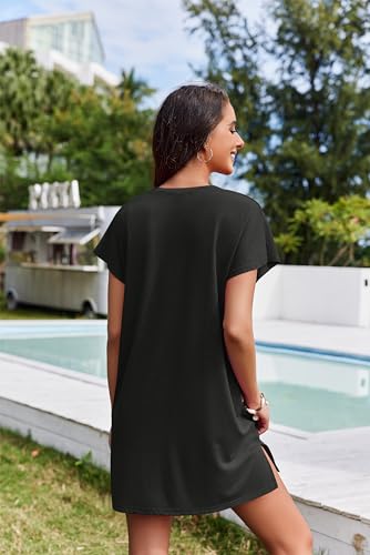 Women's Casual T-Shirt Dress with Side Slit - Black, X-Large