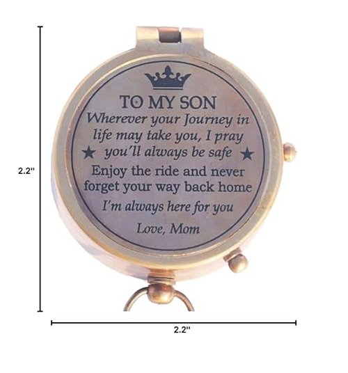 Brass Engrved Compass for Men, Pocket Compass with Leather Case, Antique Handmade Religious Gift Idea for Graduation, Communion, Baptism (to My Son, Love Mom)