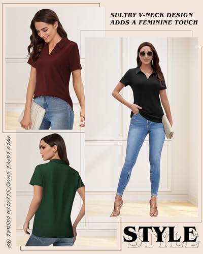 V-Neck Business Casual Polo Shirt for Women - Black, XXL
