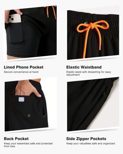 Men's Swim Trunks with Compression Liner - Quick Dry, Zipper Pockets, Large, Black