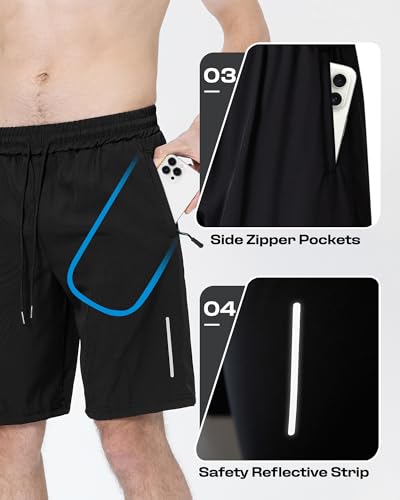 JWJ Mens Athletic Gym Shorts 3 Pack - Large Black / Dark Grey / Army, Quick Dry with Zipper Pockets