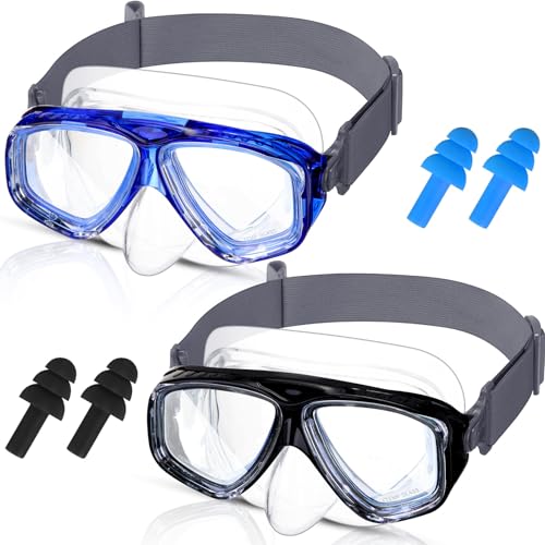 Flutesan Kids Swim Goggles with Nose Cover, 2-Pack, Blue & Black, Waterproof Diving Mask with Earplugs