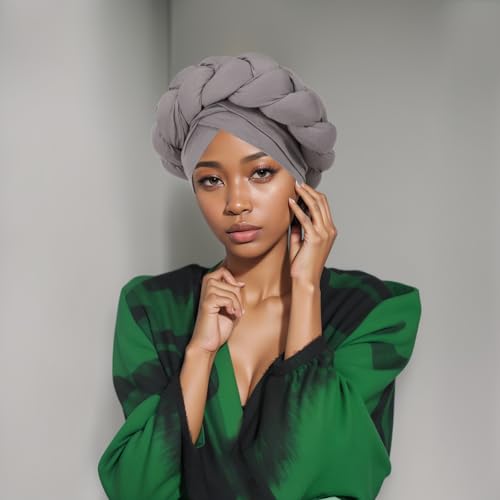 2 Pack African Turban Head Wraps with Big Braid Decoration – XEPST (Black & Gray)
