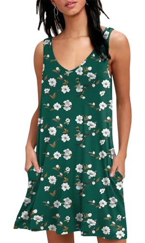 Women Summer Casual V Neck Beach Cover-Up Tank Dress - Begonia & Dark Green Small