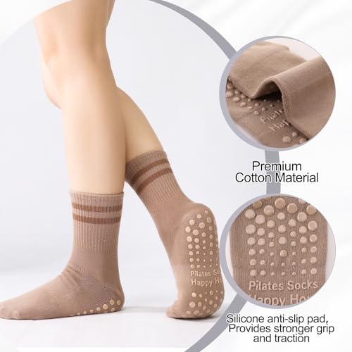 Non-Slip Pilates Grippy Socks for Women - One Size, 4 Pairs - Coffee, Brown, Khaki, White