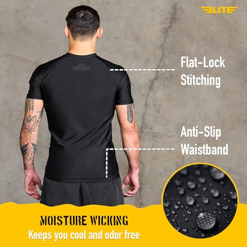 BJJ Rash Guard for Men - Short Sleeve Compression Base Layer - Black, Large