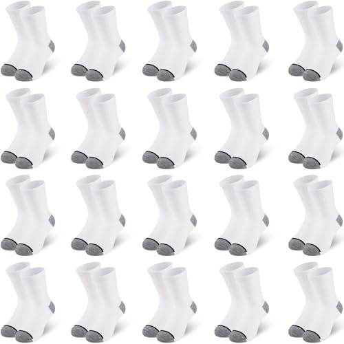 Kids Boys Athletic Crew Socks 20-Pair Bulk Pack White Ages 7-10 | LITERRA