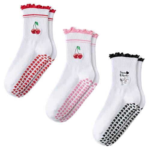 Women's Non-Slip Pilates Grippy Socks - 3 Pairs - Lace Style