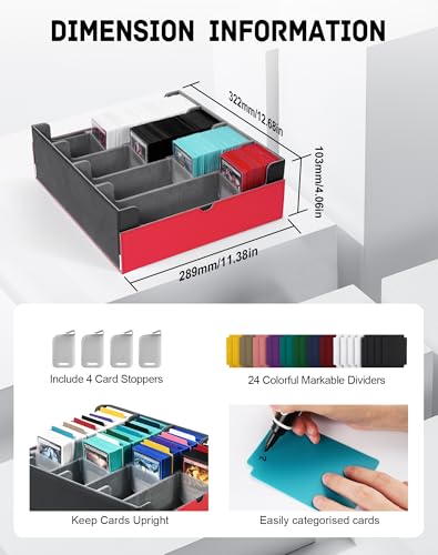Card Storage Box for 3200+ Cards, Deck Organizer with 4 Stoppers, Red & White