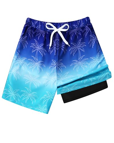 Latnnut Boys Swim Trunks with Compression Liner, Quick-Dry Bathing Suit with Pockets – Blue Coconut Tree, 9-10 Years