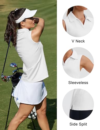 MAGCOMSEN Women's Sleeveless Golf Polo Shirt - White, Medium, UPF 50+ V-Neck Athletic Tank Top