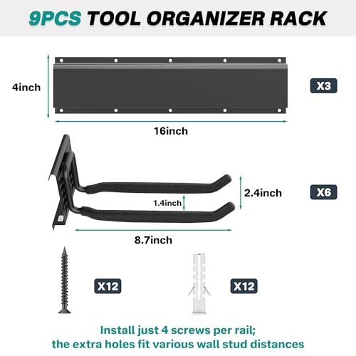 EVERHANGER Garage Tool Storage Organizer, Wall Mount Garden Tool Rack Organization, Heavy Duty Folding Chair Hangers with 6 Adjustable Hooks, Max Load 450lb, 48inch