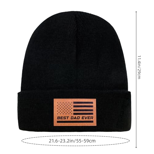 Knit Cuffed Winter Beanie Hat for Dad - Black Leather Patch