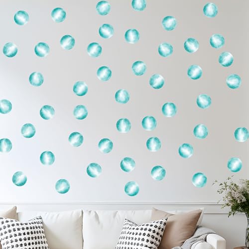 Pastel Polka Dots Wall Stickers 48 pcs, Easy Peel & Stick Decals, Premium Removable and repositionable Fabric Stickers, Watercolor Style Circle Decor for Nurseries, Kids bedrooms, classrooms (Aqua)