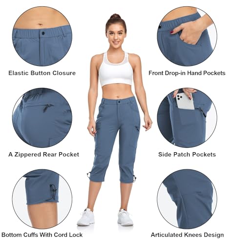 GymBrave Women's Medium Stone Blue Quick Dry Cargo Pants with Zipper Pockets - Water Resistant UPF 50 Outdoor Hiking & Camping Capris