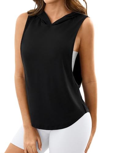 Remidoo Sleeveless Hoodie Women’s Open-Side Tank Top, Black, Small