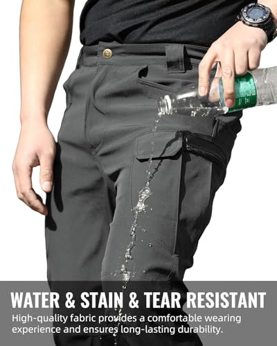 Boonlight Men's Dark Grey Lightweight Tactical Cargo Pants - Water Resistant Hiking Pants, Multiple Pockets, No Belt, Large