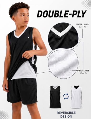 Reversible Boys Basketball Jerseys - Mesh Sleeveless Shirts, Medium Black/White