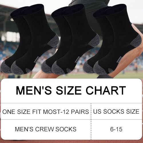 Mens Athletic Crew Socks - Cushioned, Breathable, 12 Pairs - Black, One Size
