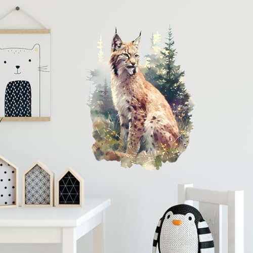 Lifelike Sitting Bobcat in The Forest Wall Decal Nursery Animal Lynx Wall Sticker Removable Peel and Stick Wall Art Decor for Kid Baby Classroom Preschool Living Room Playroom Bedroom School