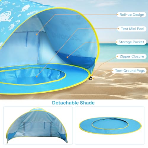 Zooawa Baby Beach Tent with Pool - Patterned Blue Sun Shade for Infants