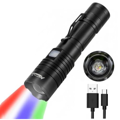 ALONEFIRE X37 Multicolor LED Flashlight 4 Color Change White Blue Green Red Light RGB USB Rechargeable Zoom Waterproof with Reverse Charging, Rechargeable Battery for Tracking Deer Hunting Fishing