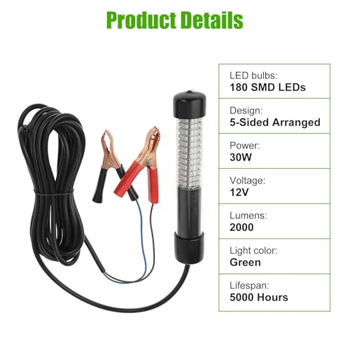 Linkstyle 12V Underwater Fishing Light 2000LM Green LED Submersible 5M Cord