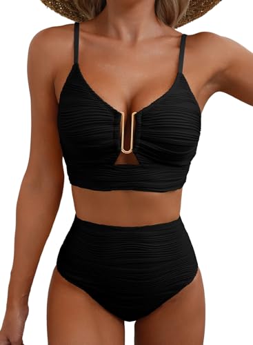 Herseas Women High Waisted U Wired Textured 2-Piece Bikini Set - Large Black