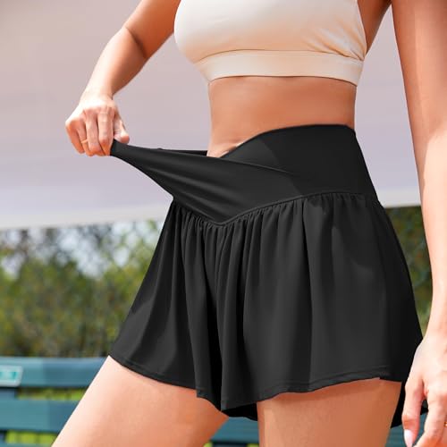 Womens Crossover Athletic Shorts Wide Waistband Flowy Tennis Skorts with Pockets - Black, Medium