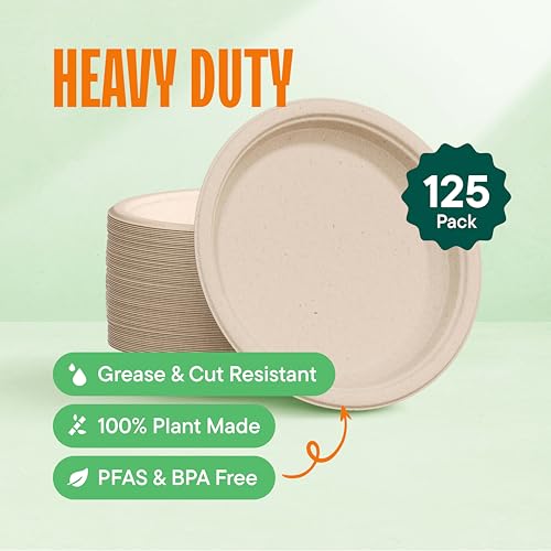 Stack Man 10 Inch Deep Dish Compostable Plates 125-Pack - Heavy Duty Eco-Friendly Tableware