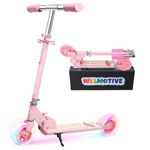 Pink Kids Kick Scooter with LED Light-up Wheels, Adjustable Handlebar, Foldable Aluminum Frame