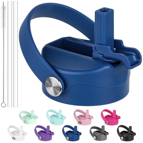 Blue Hydroflask Wide Mouth Dust Cover Lid with Straw for 12-64 oz Water Bottles