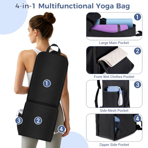 Yoga Bag for Women - Large Capacity, Wet Dry Compartment, Black
