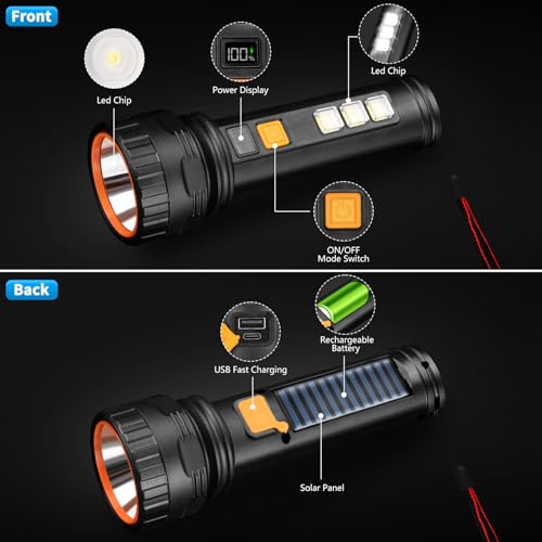 KERNOWO Solar Flashlights, 1500 Lumens Led Solar Powered Flashlight with Digital Display 2000mAh Battery Rechargeable Handheld IP65 Waterproof Flashlights for Survival Emergencies, 4 Pack