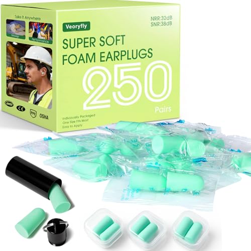 250 Pairs Foam Ear Plugs Bulk Individually Wrapped 32dB - Disposable Ear Plug Noise Reduction Safety Soft Earplugs for Construction Sleeping Shooting Industrial Work Use