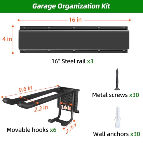 Garage Tool Organizer Wall Mount with 48 inches Rails and 6 Double-layer Hooks, Garden Tool Rack Heavy Duty, Garage Hanging Storage Rack For Yard Tools, Shovel, Shed