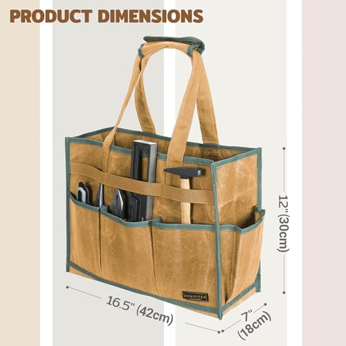 Heavy-Duty Waxed Canvas Tool Tote Bag ? Large Capacity Tool Organizer with 14 External Pockets & Padded Handle | Durable Storage Tote for Contractors, Electricians & DIY (16.5" x 7" x 12", Khaki)
