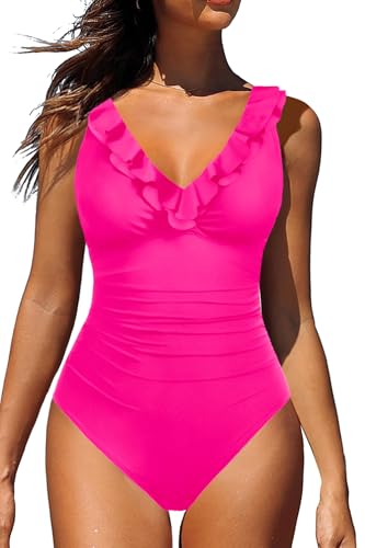Holipick Women's V-Neck One-Piece Tummy Control Swimsuit - Hot Pink, Large