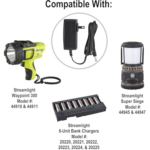 Streamlight 44909 120V AC Charger and Cord for use with Streamlight WayPoint 300 Spotlight Flashlights, Super Siege Lanterns, and Li-ion 8-Unit Bank Chargers, Black