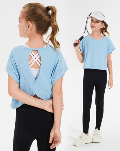 Girls Summer Oversized Cut Out T-Shirt - Open Back Athletic Top, Blue, 11-12 Years