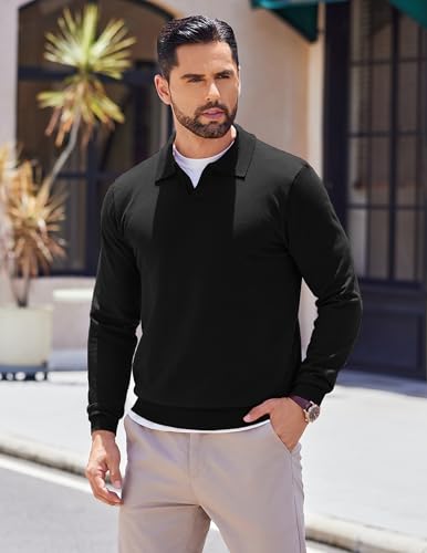Men's Black Large Long Sleeve Polo Shirt Knit Sweater COOFANDY
