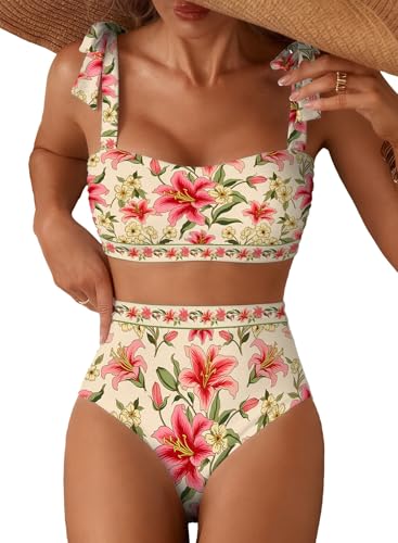 Herseas Women's Tie Shoulder Bikini Sets 2 Piece High Waisted Swimsuit, Multicolor Floral Beige, Medium