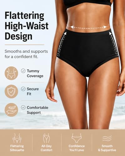 Zmart Women's High Waisted Bikini Bottom - Black, Medium, Full Coverage Tummy Control