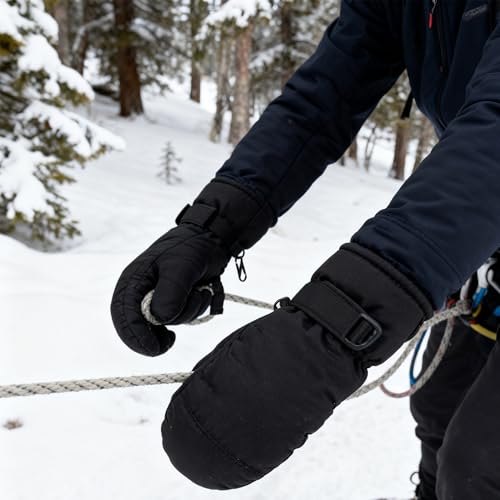 Winter Ski Mittens - Warm Snow Mitts for Cold Weather - Black, One Size