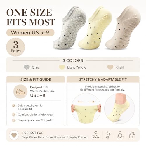YesMvpMvp Non-Slip Pilates Socks with Grips for Women, Multipack, Grey, Light Yellow, Khaki, US Size 5-9
