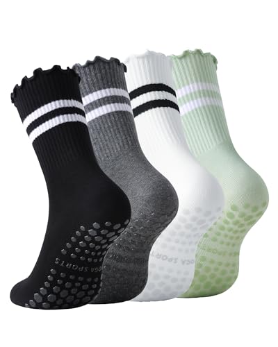 Non-Slip Pilates Socks for Women - 4 Pack in Black, Gray, White, Green