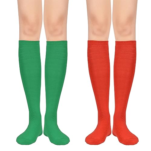 Long Knee High Socks for Women - Mixed Striped Tube Socks - Red & Green