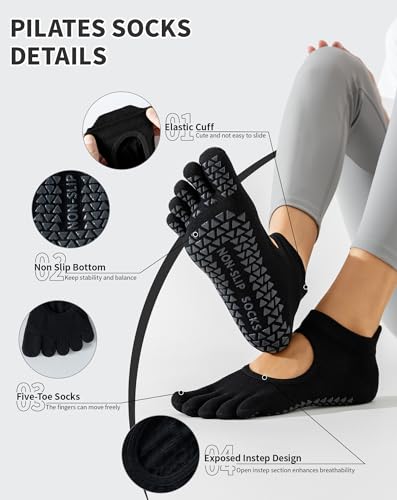 Yawlsow 3 Pairs Women Toe Socks with Grips, Non-Slip Yoga & Pilates Socks, One Size, Black (Set of 3)