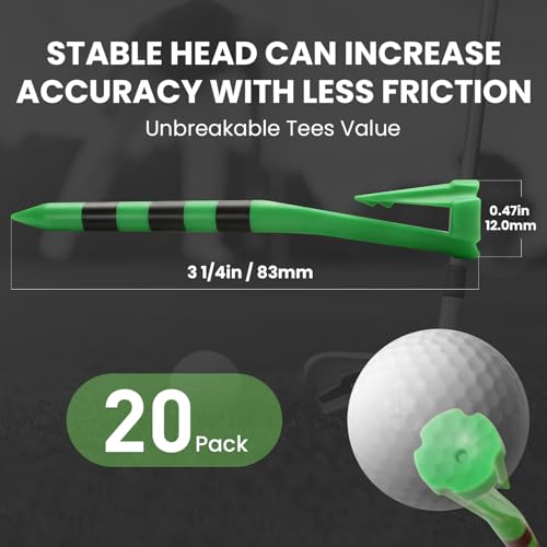 3 1/4 Inch Plastic Golf Tees with Hat Clip - 20 Pack, Green