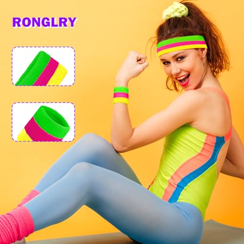 Ronglry 80s Neon Sweatbands Set with Color Mixing - Women's Sports Headband & Wristband for Glow Parties Halloween